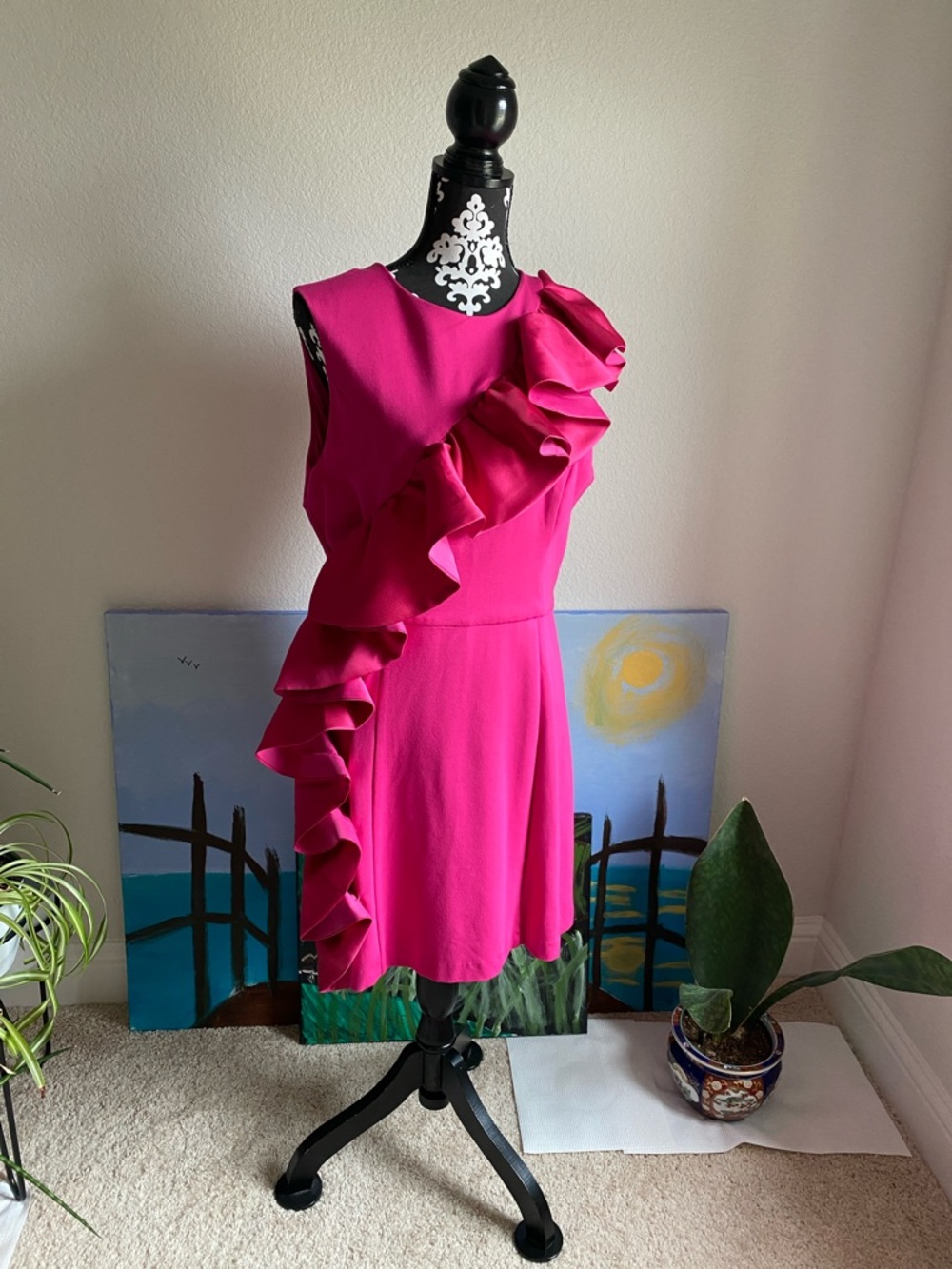 Hutch Fuchsia Asymmetric Ruffle Mini Dress